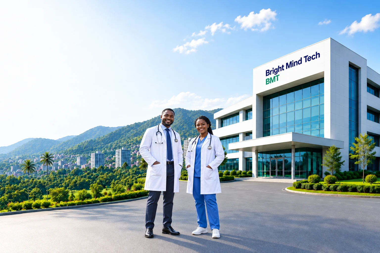 Smiling male and female doctors wearing stethoscopes outside the Bright Mind Tech healthcare building