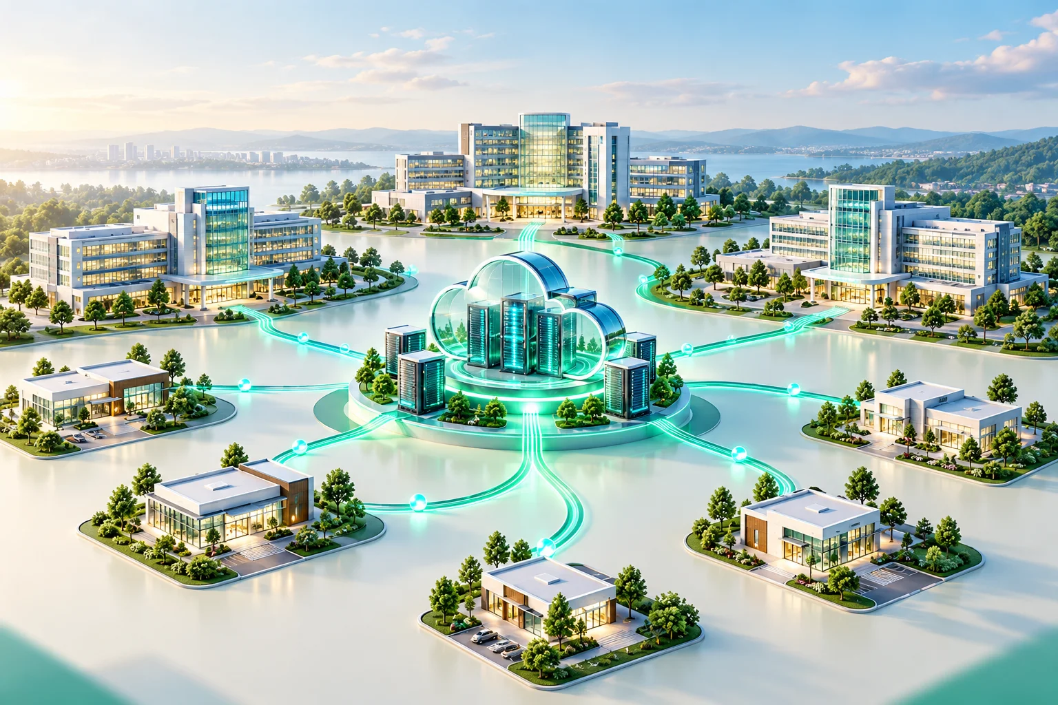Illustration of hospitals and clinics connected to a growing cloud infrastructure network